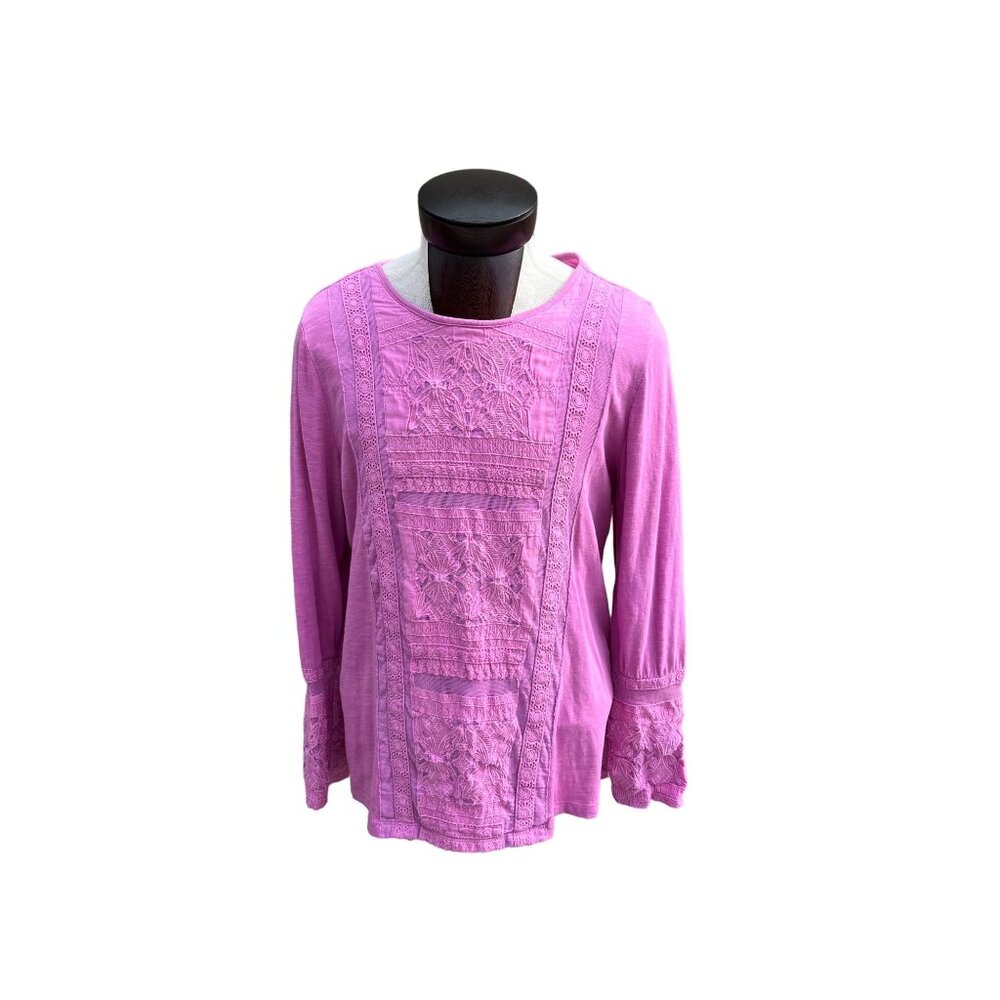 Soft Surroundings Pink Lace Panel Inset Cuffs Long Sleeve Tee Top Size XL‎